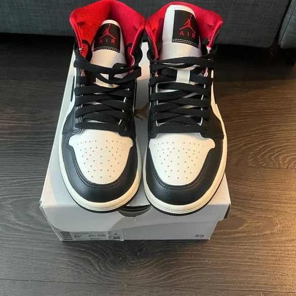 Women’s Nike Air Jordan 1 Mid Black and Red Sneakers BQ6472-061 (Red Panda) - Picture 9 of 13